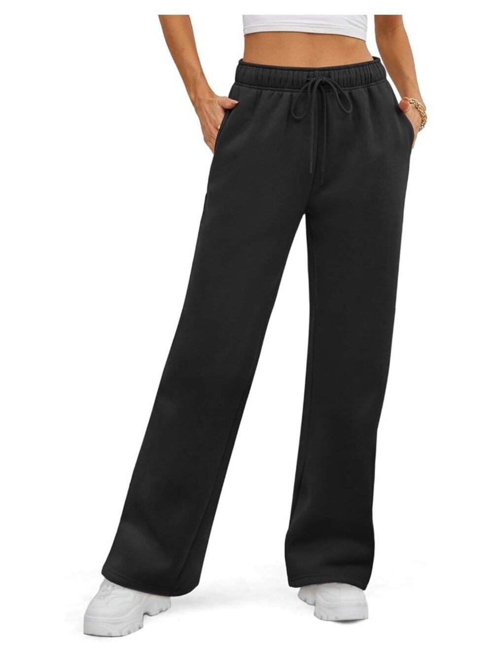Women's Fleece Lined Wide Leg High Rise Sweatpants Drawstring Pockets